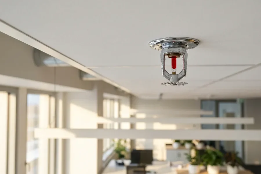 Chromen sprinklersproeier op wit kantoorplafond met waterdruppels in modern bedrijfsinterieur