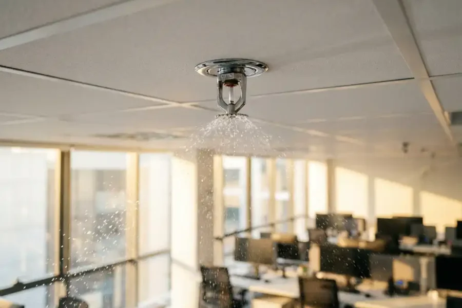 Chromen sprinklerhoofdje sproeit fijne waterdruppels in modern kantoorplafond met witte tegels