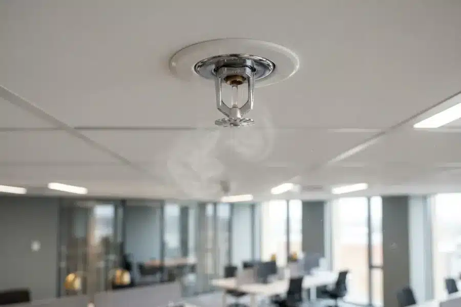 Witte brandsprinkler met chromen afwerking aan plafond in modern kantoor met natuurlijk licht en testmist