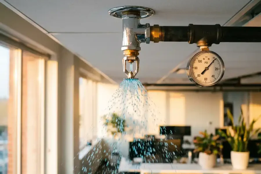 Professionele brandsprinkler spuit gecontroleerde waterstraal tegen wit plafond in modern kantoor met chromen fittingen