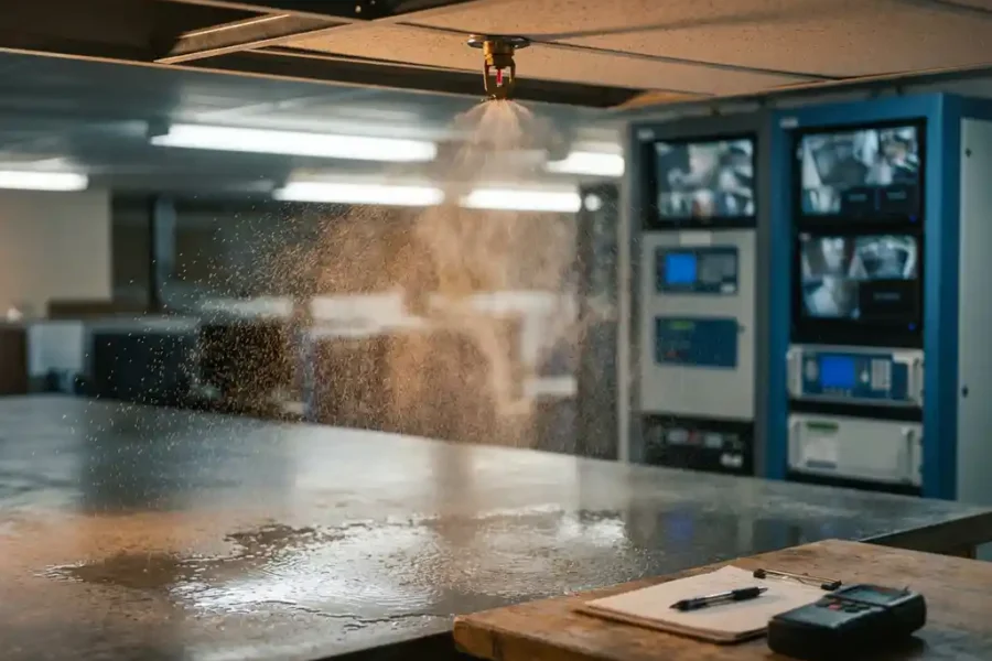 Moderne brandsprinkler sproeit water op kantoorvloer met waterschade-meetapparatuur op houten bureau