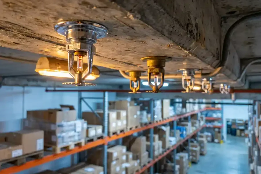 Professionele brandsprinklers met chromen en messing afwerking gemonteerd aan het plafond van een moderne magazijn