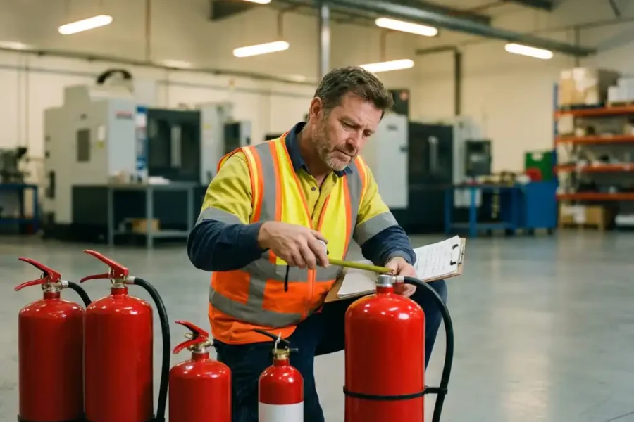 Brandveiligheidsingenieur in veiligheidsvest inspecteert rode brandblusapparaten in moderne industriële faciliteit
