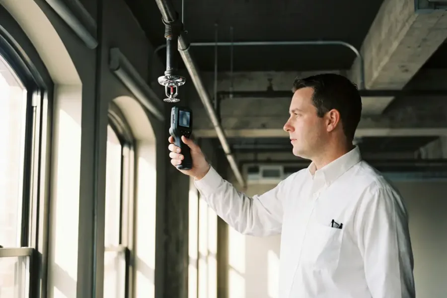 Brandveiligheidsinspecteur onderzoekt chromen sprinkler met digitaal inspectietool in industriële ruimte met betonnen balken