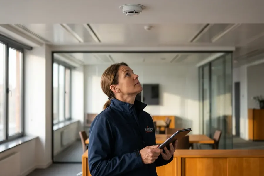 Brandveiligheidsinspecteur controleert sprinklerinstallatie met tablet in modern kantoorgebouw met glazen wanden