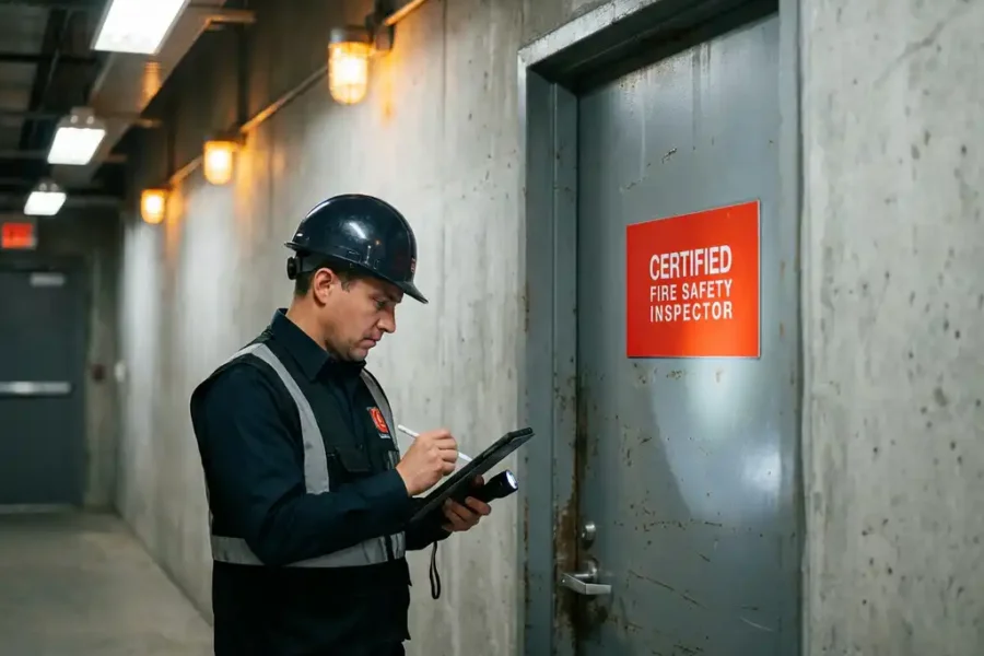 Brandveiligheidsinspecteur controleert stalen brandwerende deur met rode certificeringslabel in industriële gang