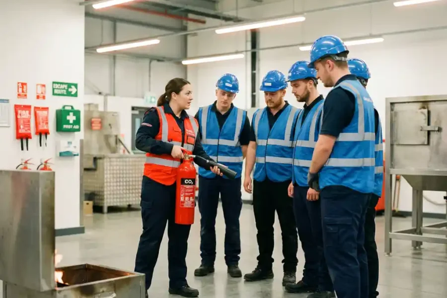 Brandveiligheidsinstructeur demonstreert juiste brandblusser techniek aan werknemers in veiligheidsvesten in industriële trainingsruimte