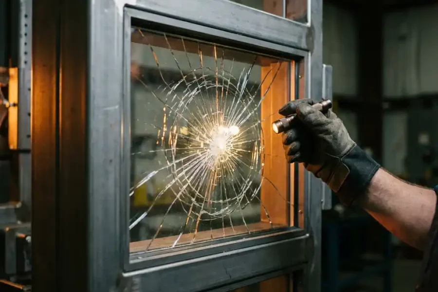 Brandwerend glas met spinnenweb-barst patroon, beveiligingstechnicus onderzoekt schade met zaklamp in stalen frame