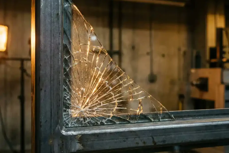 Brandwerend glas met stressscheuren in stalen kozijn, close-up van kristallijne barsten in industrieel testlaboratorium