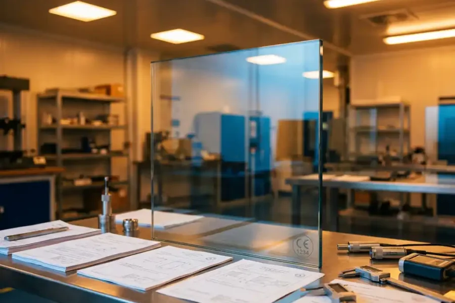 Brandwerend glas met CE-markering op stalen laboratoriumtafel omringd door certificeringsdocumenten en testapparatuur