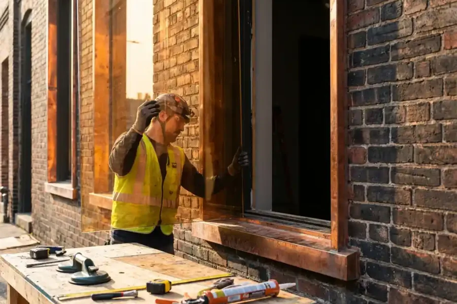 Technicus installeert brandwerend glas in bakstenen raamkozijn van commercieel gebouw met gereedschap op werkbank
