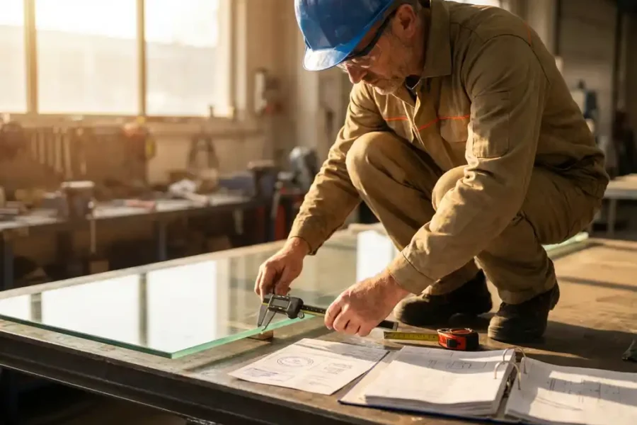 Technicus in veiligheidsuitrusting meet brandwerend glaspaneel met precisie-schuifmaat op werkbank met documentatie