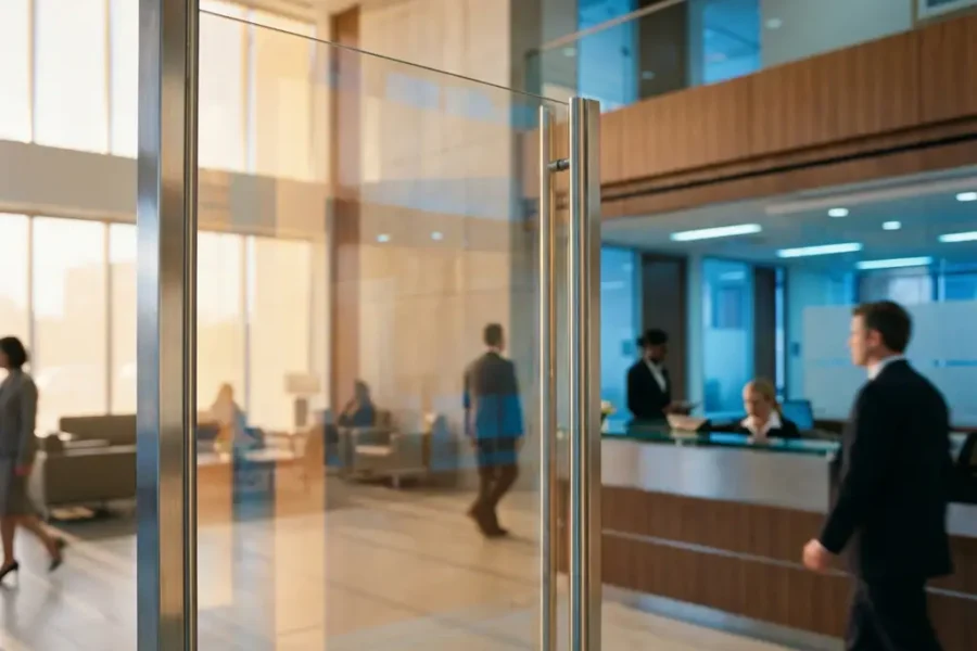 Brandwerend glas paneel met metalen frame in moderne kantoor receptie, subtiele coating zichtbaar op oppervlak