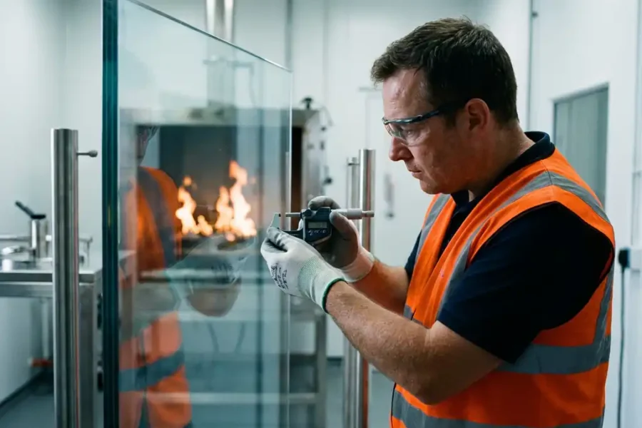 Technicus in veiligheidskleding meet brandwerend glas met precisie-instrument in steriele laboratoriumomgeving
