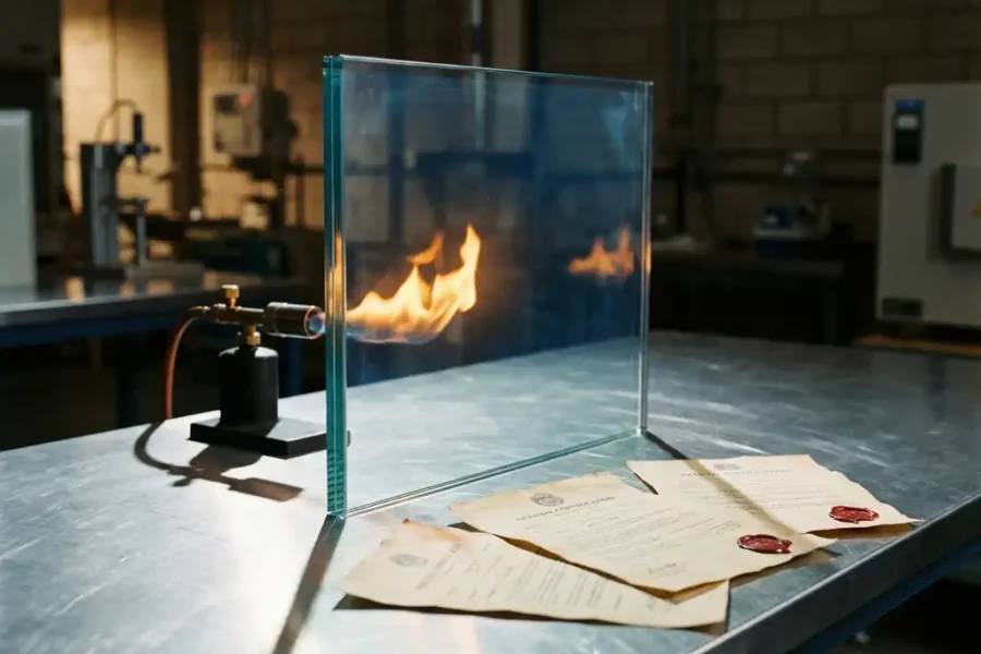 Vuurbestendig glas op laboratoriumtafel met certificeringsdocumenten en testvlammen die harmlos weerkaatsen