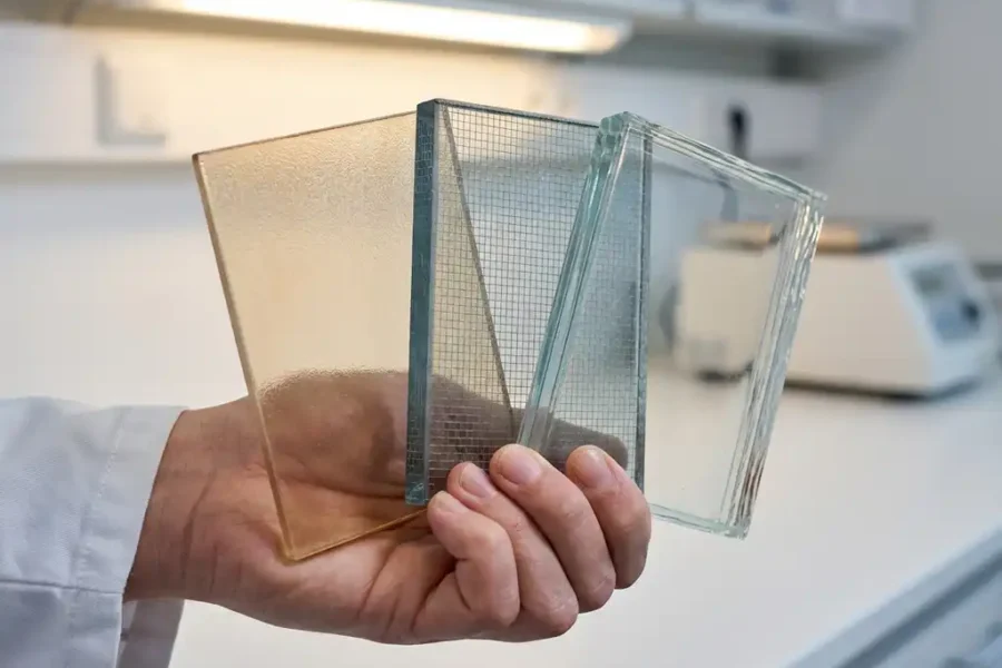 Hand houdt drie brandwerende glaspanelen met verschillende diktes en texturen vast tegen witte laboratoriumachtergrond