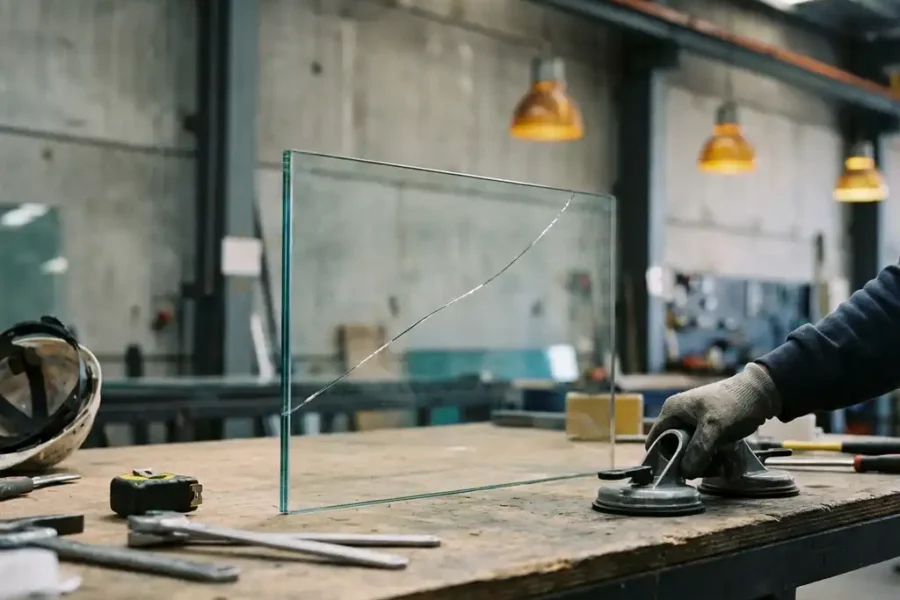Brandwerend glaspaneel met haarscheurtje op werkbank met gereedschap in industriële omgeving