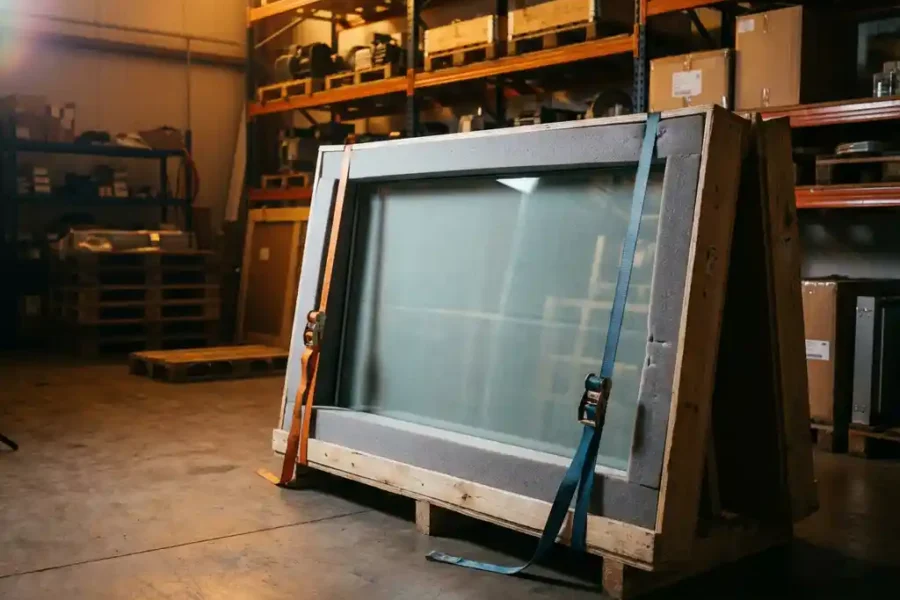 Vuurbestendig glas in beschermende foam verpakking binnen houten transportkist in industriële magazijnomgeving