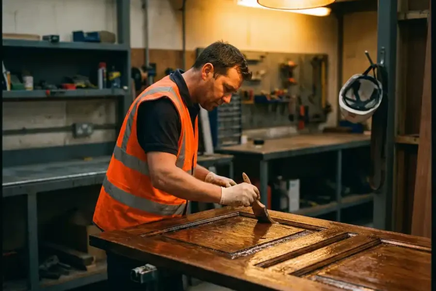 Technicus brengt brandwerende coating aan op houten deur met professionele kwast in werkplaats
