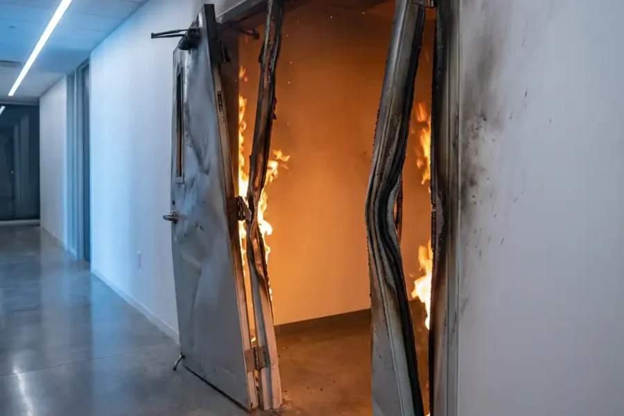 Beschadigde brandwerende deur hangt scheef aan gebroken scharnieren in moderne kantoorgang, oranje vuurgloed sijpelt door gaten