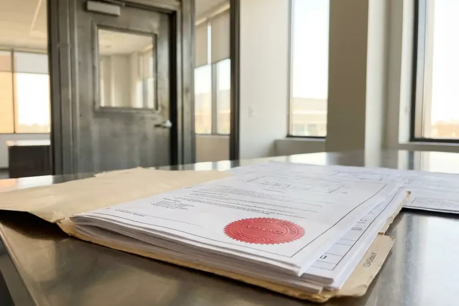 Geopende manila map met branddeurdocumenten en certificaten op stalen bureau, brandwerende deur op achtergrond