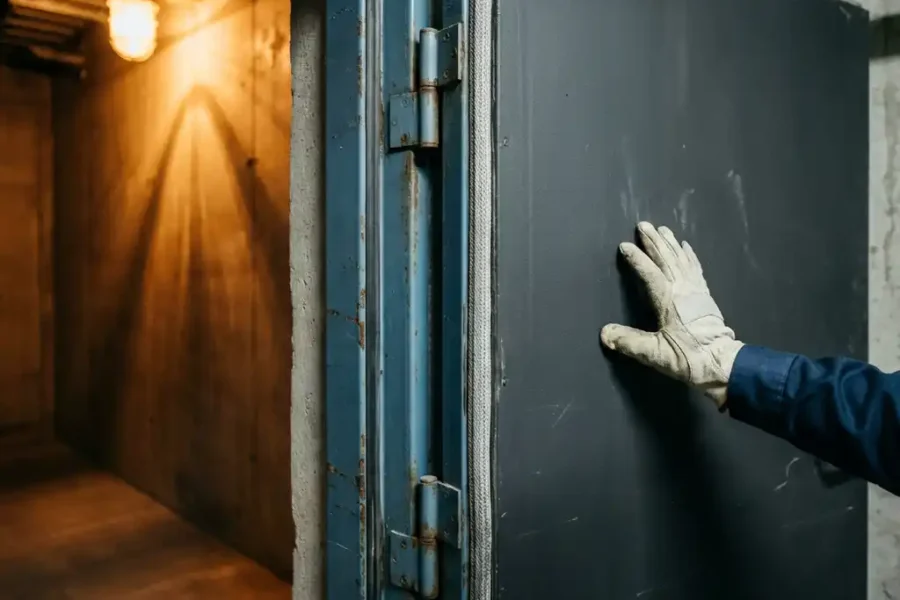 Brandwerende stalen deur met verstevigde scharnieren en afdichtingsstrips, geïnspecteerd door brandveiligheidsdeskundige in industriële gang
