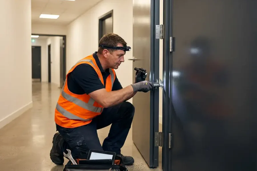 Technicus in veiligheidsvest inspecteert stalen brandwerende deur met professionele gereedschappen in moderne kantoorgang