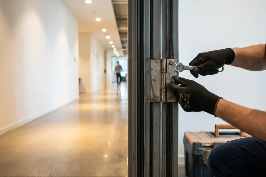 Technicus past scharnieren van stalen brandwerende deur aan in moderne kantoorgang met witte muren