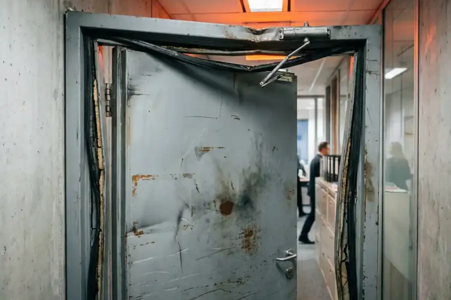 Beschadigde stalen brandwerende deur met vervormde frame en versleten rubberen afdichtingen in moderne kantoorgang