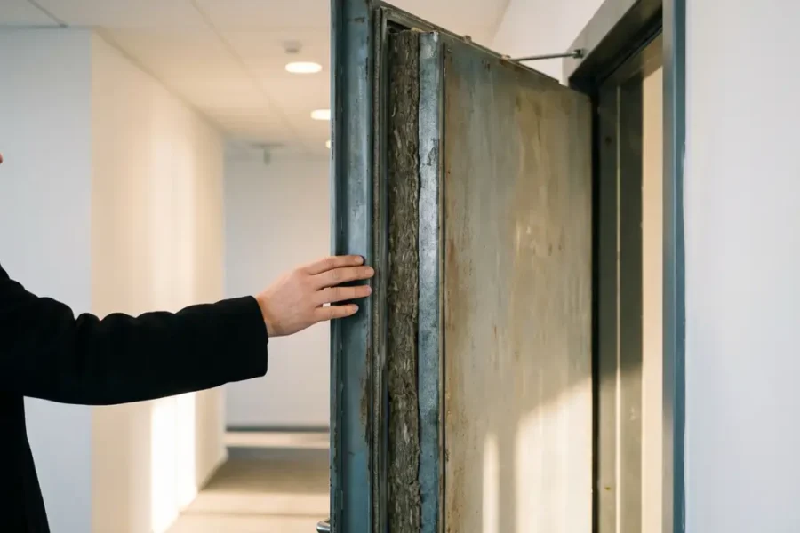 Hand raakt de rand van een zware stalen brandwerende deur aan in een moderne kantoorgang met warme verlichting