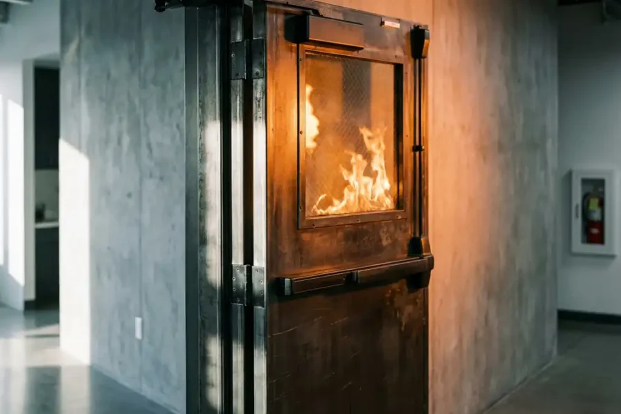 Stalen brandwerende deur staat halfopen in moderne kantoorgang, oranje vlammen zichtbaar achter versterkt glas
