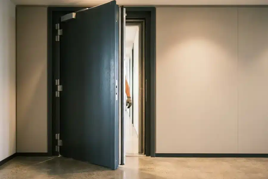 Zware stalen brandwerende deur met zichtbare brandwerende afdichtingen staat op een kier in moderne kantoorgang