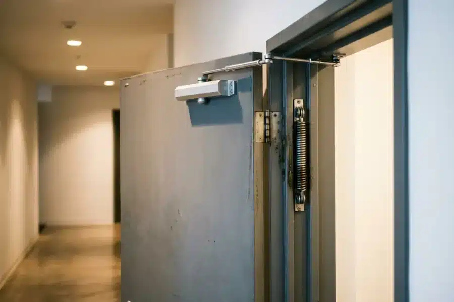 Stalen brandwerende deur met chromen zelfsluitend mechanisme in moderne kantoorgang met witte muren en betonnen vloer