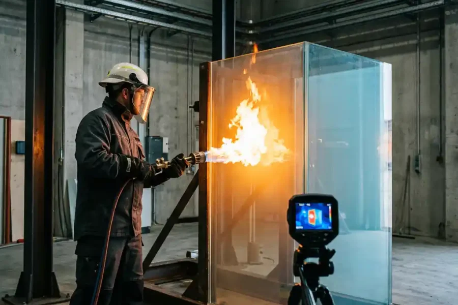 Technicus in veiligheidsuitrusting voert vlamtest uit op brandwerend glas met intense oranje vlammen in industriële testfaciliteit