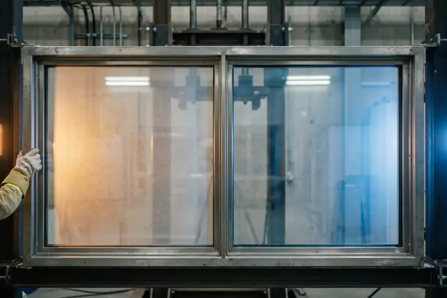 Twee identieke glazen panelen in professionele testframe, één met brandwerende coating patronen, ander helder glas in brandbeveiligingslaboratorium