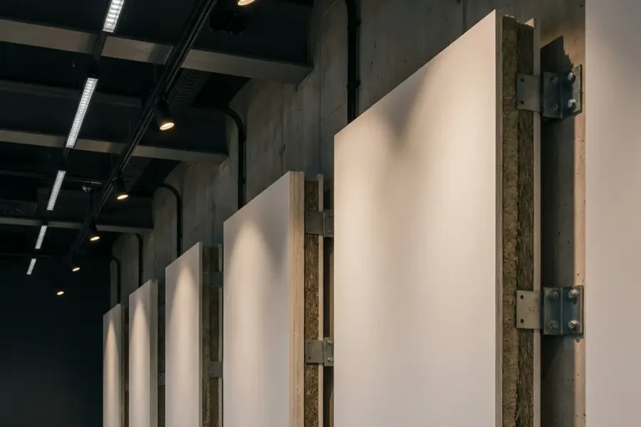 Brandwerende panelen met gelaagde constructie gemonteerd op betonnen muur in moderne evenementenlocatie