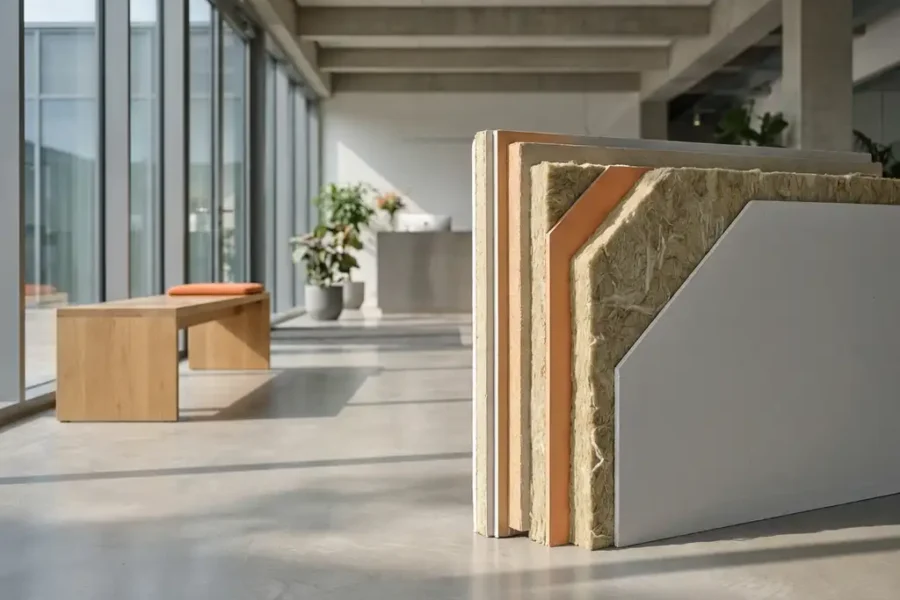 Doorsnede van gelaagde brandwerende panelen op gepolijste betonvloer in moderne lobby, verschillende texturen zichtbaar