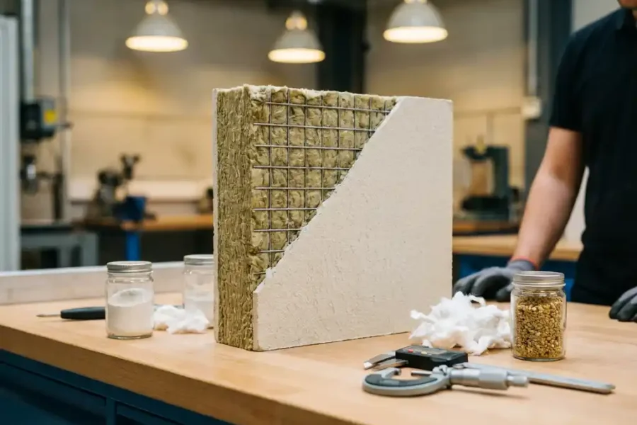 Doorsnede van brandwerend paneel toont gelaagde structuur met mineraalwol, staalversterking en calciumsilicaat coating op laboratoriumwerkbank