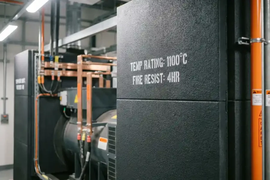Brandwerende panelen met temperatuurmarkering rond elektrische generator in moderne energiecentrale
