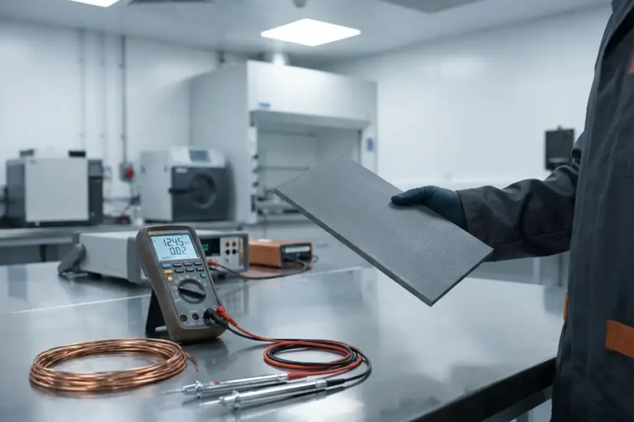 Technicus houdt grijs brandwerend paneel vast terwijl digitale multimeter elektrische metingen toont op laboratoriumwerkbank