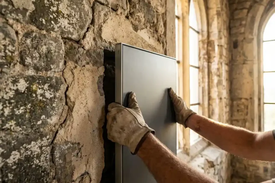 Vakkundige handen installeren brandwerend paneel in verweerde stenen muur van historisch Nederlands monument
