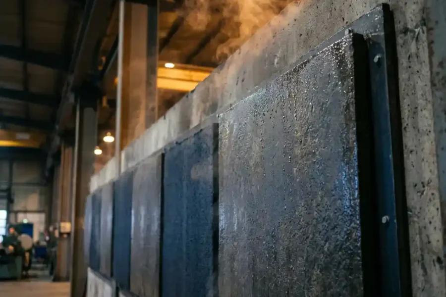 Brandwerende industriële panelen op betonnen muur met chemische dampen en condensdruppels in magazijnomgeving