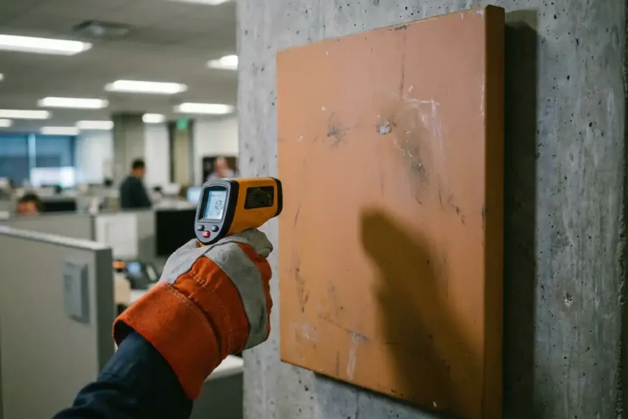 Brandwerende paneel met slijtage op betonnen muur, onderhoudstechnicus met digitale inspectietool in kantoorgebouw