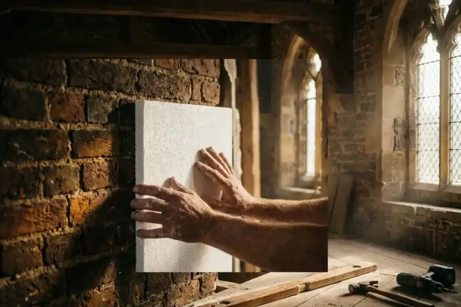 Ambachtsman installeert wit brandwerend paneel tegen bakstenen muur in historisch gebouw met houten balken