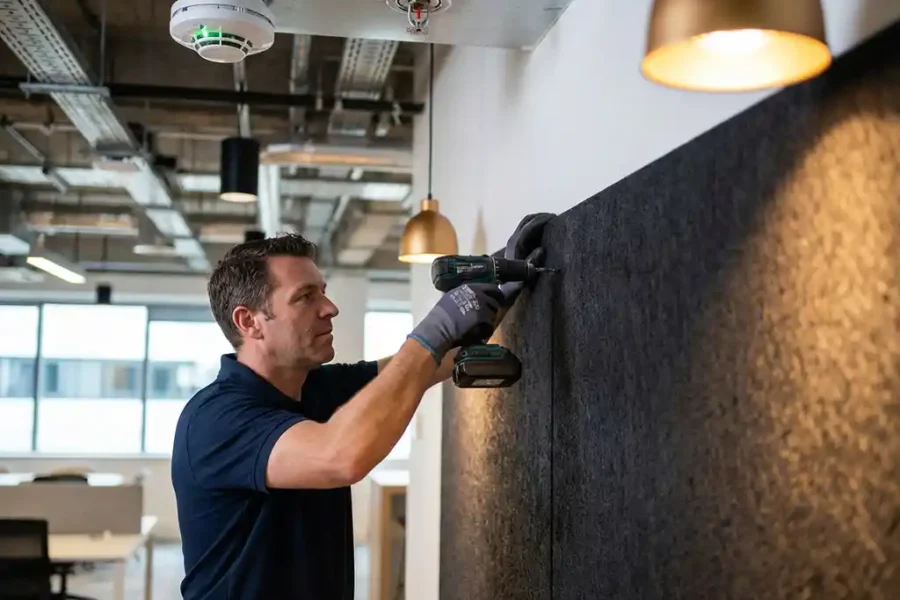 Professionele installateur bevestigt brandwerende panelen aan kantoorwand onder zichtbare rookmelder en sprinklersysteem