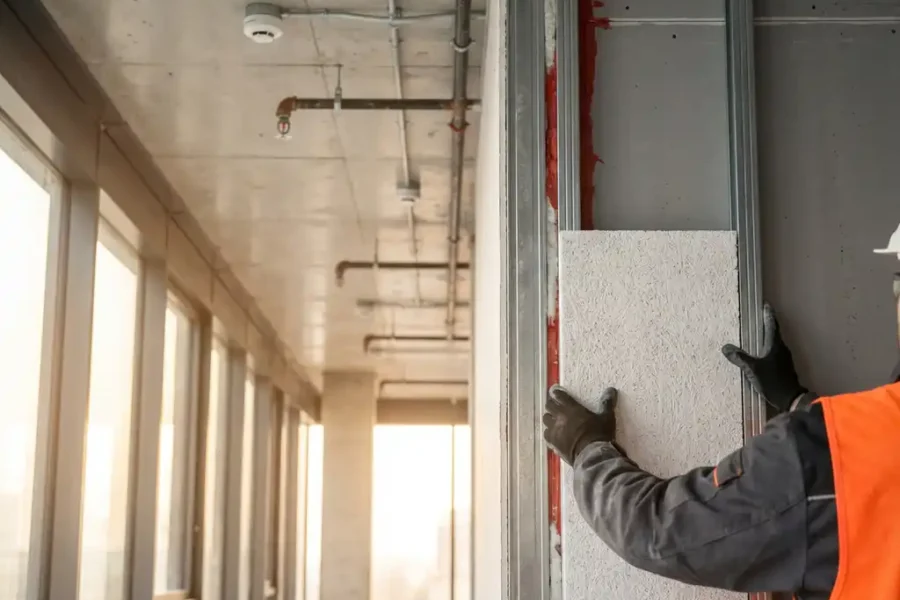 Brandwerende paneel wordt geïnstalleerd in moderne kantoorwand door werker, met sprinklers en rookmelders zichtbaar in betonnen plafond