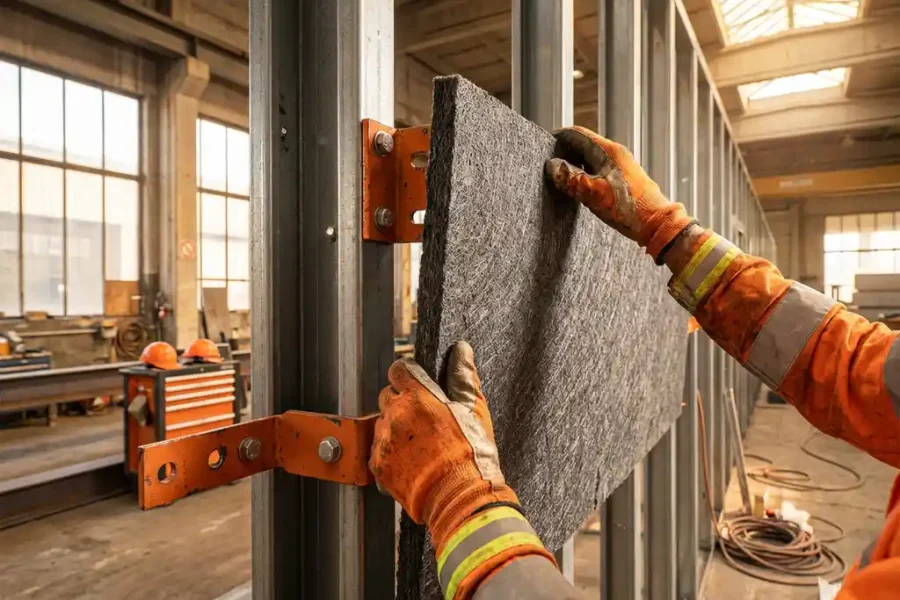 Bouwvakker installeert brandwerend paneel op stalen frame met seismische bevestigingsbeugels in industriële werkplaats
