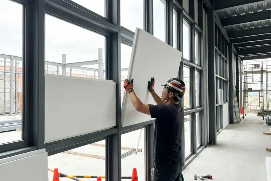 Bouwvakker installeert wit brandwerend paneel in moderne stalen frameconstructie op professionele bouwplaats