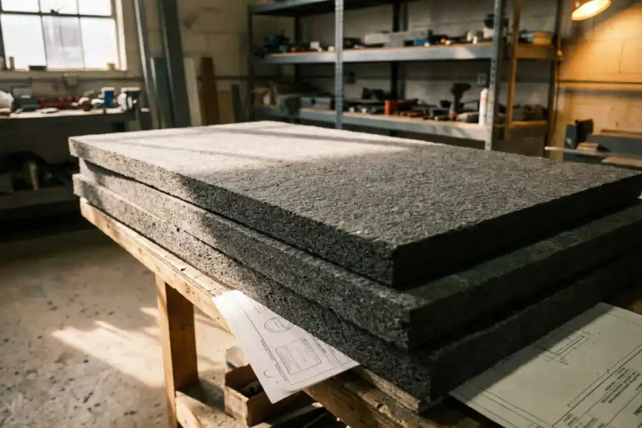 Stapel brandwerende panelen met mineraalvezelstructuur op aannemerswerkbank met garantiedocumenten en certificeringen