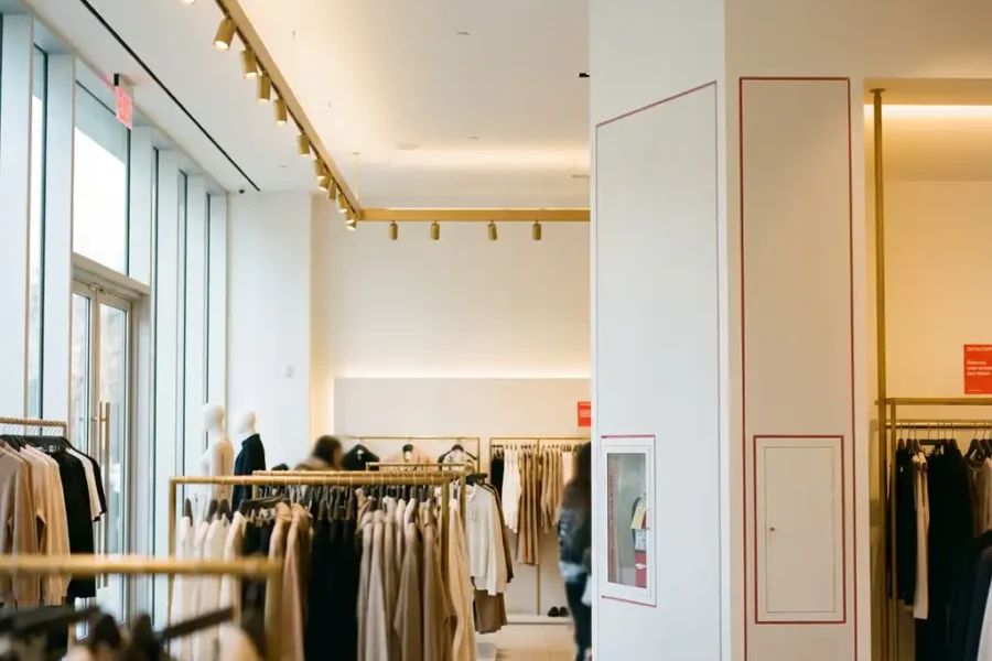 Moderne winkelruimte met brandwerende wandpanelen, kledingrekken en heldere LED-verlichting in wit interieur